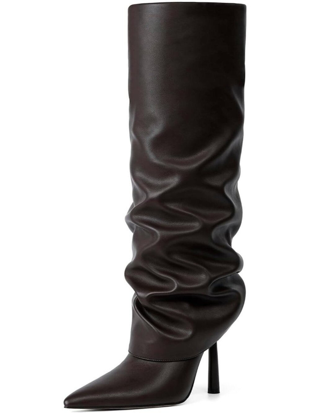 Women's Chocolate Faux Leather Pointed Toe Stiletto Heel Over Knee High Boots